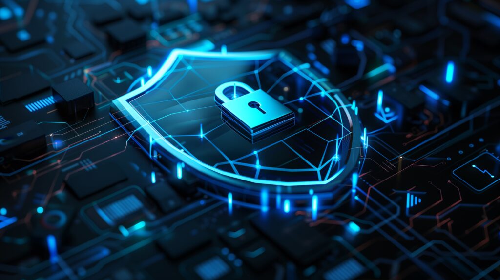 Illustration numérique d’un cadenas posé sur un bouclier lumineux stylisé, représentant la sécurité défensive. L’ensemble est intégré dans une carte mère électronique, symbolisant la protection des systèmes informatiques et des données numériques.