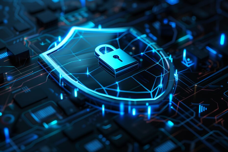 Illustration numérique d’un cadenas posé sur un bouclier lumineux stylisé, représentant la sécurité défensive. L’ensemble est intégré dans une carte mère électronique, symbolisant la protection des systèmes informatiques et des données numériques.