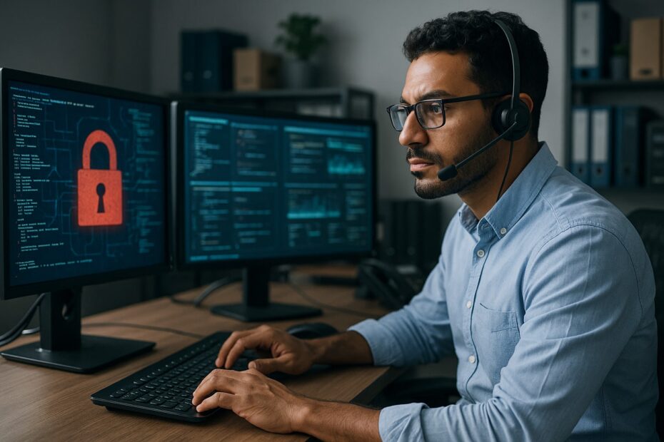 Expert en cybersécurité analysant des données sur deux écrans, équipé d’un casque avec micro
