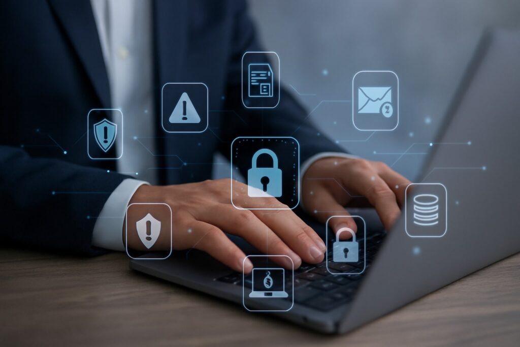 Mains tapant sur un clavier d’ordinateur portable, avec des icônes de sécurité numérique flottantes en surimpression