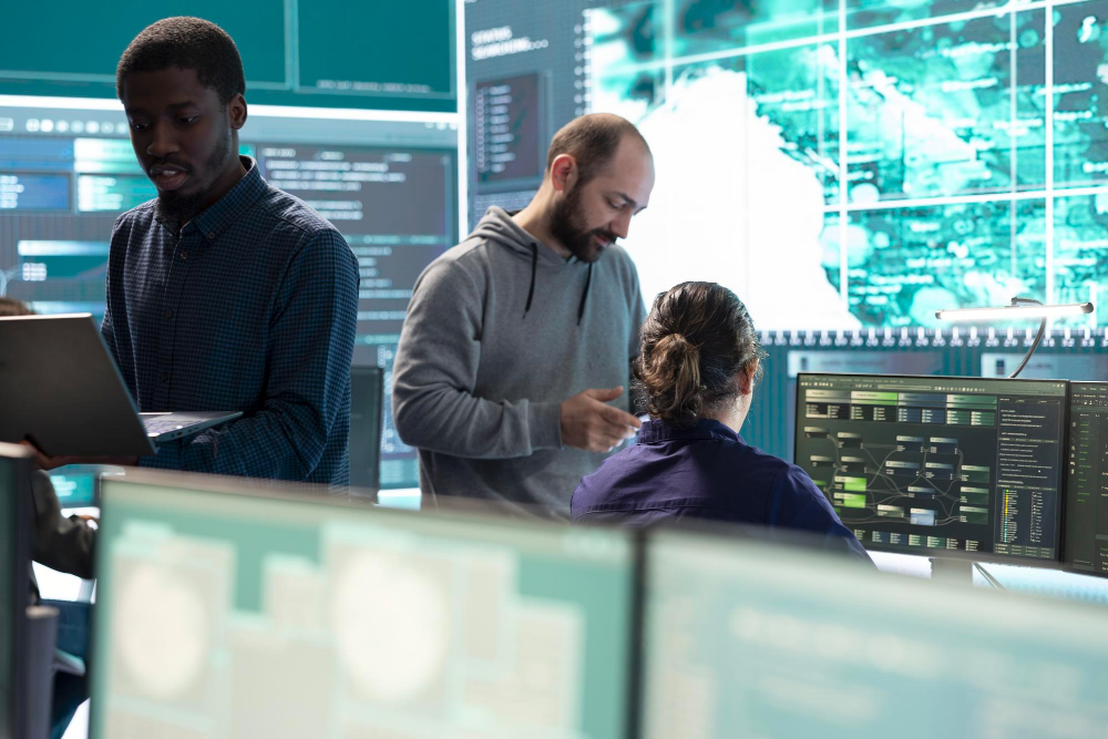 NIS2 qui est concerné : Trois personnes travaillant dans un service public de cybersécurité, avec des écrans en arrière plan