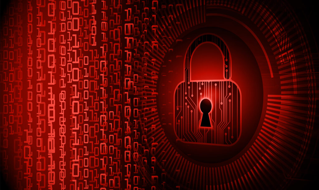 Représentation graphique d’une cyberattaque avec cadenas et données binaires rouges