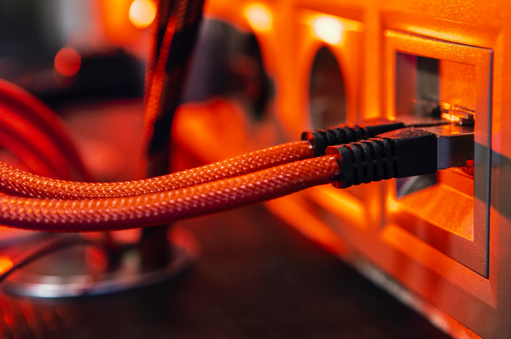 Câbles Ethernet branchés sur une prise RJ45 dans un environnement professionnel
