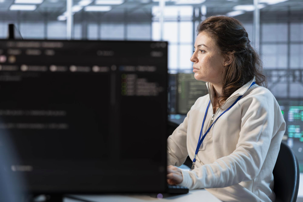 Une femme réalise des opérations dans le cadre d'un pentest web. Elle est devant un ordinateur et semble concentrée.