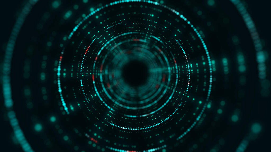 Tunnel de points lumineux représentant un flux de données, symbolisant la vitesse et la complexité d’une cyberattaque.