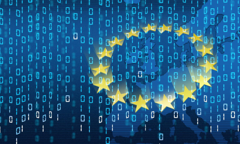Le drapeau de l'union européenne sur un fond de 0 et de 1 pour illustrer le lien entre cybersécurité et RGPD